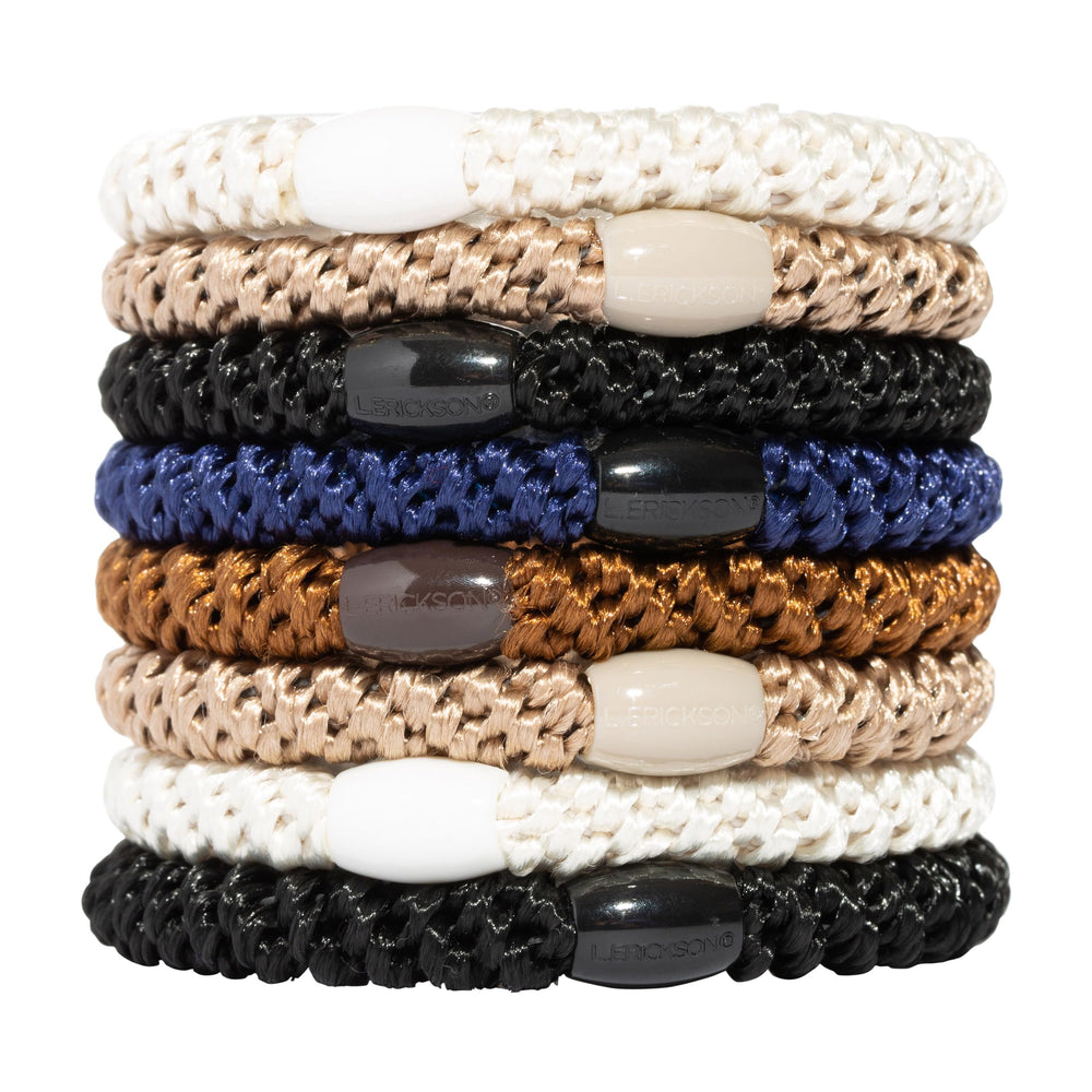 L. Erickson front packaging showing 8 neutral hair ties and benefits