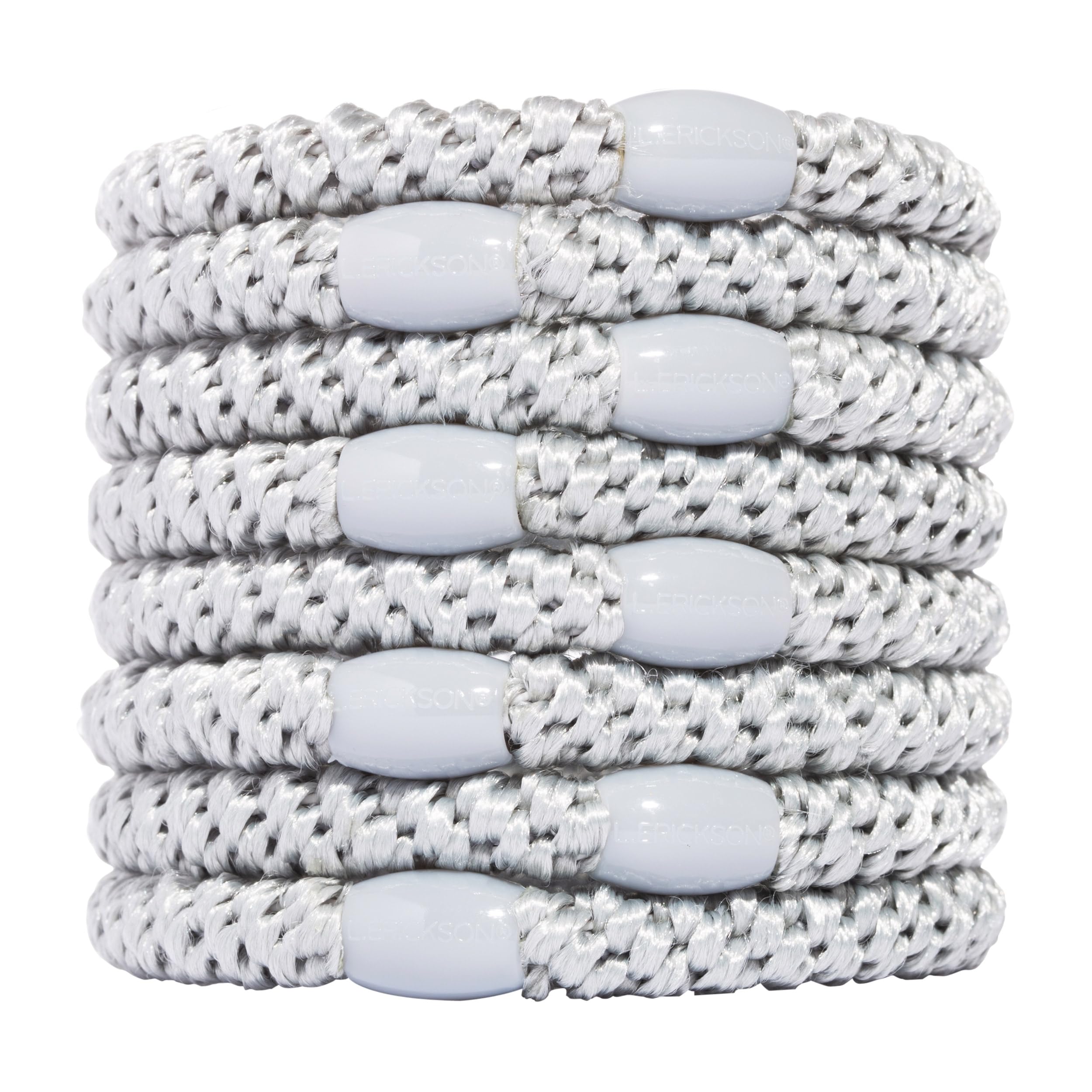 L. Erickson front packaging view showing eight silver hair ties and brand for easy selection