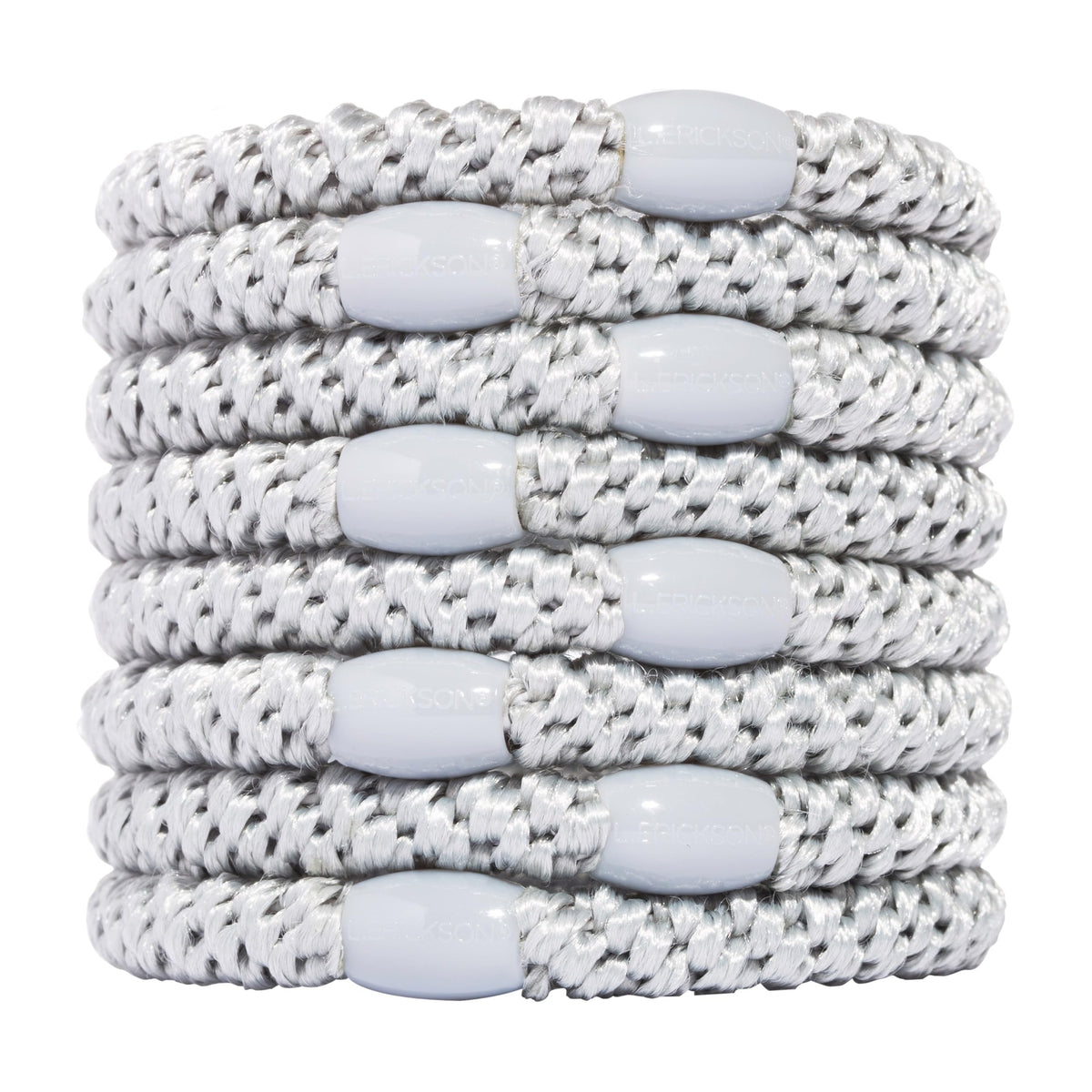 L. Erickson front packaging view showing eight silver hair ties and brand for easy selection