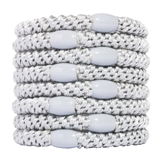 L. Erickson front packaging view showing eight silver hair ties and brand for easy selection