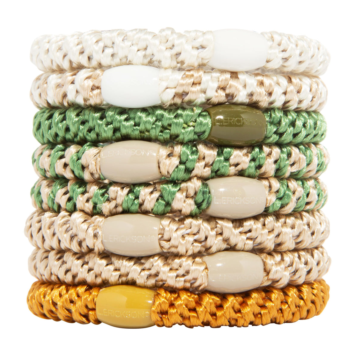L. Erickson front view pack showing blonde hair ties and neat presentation