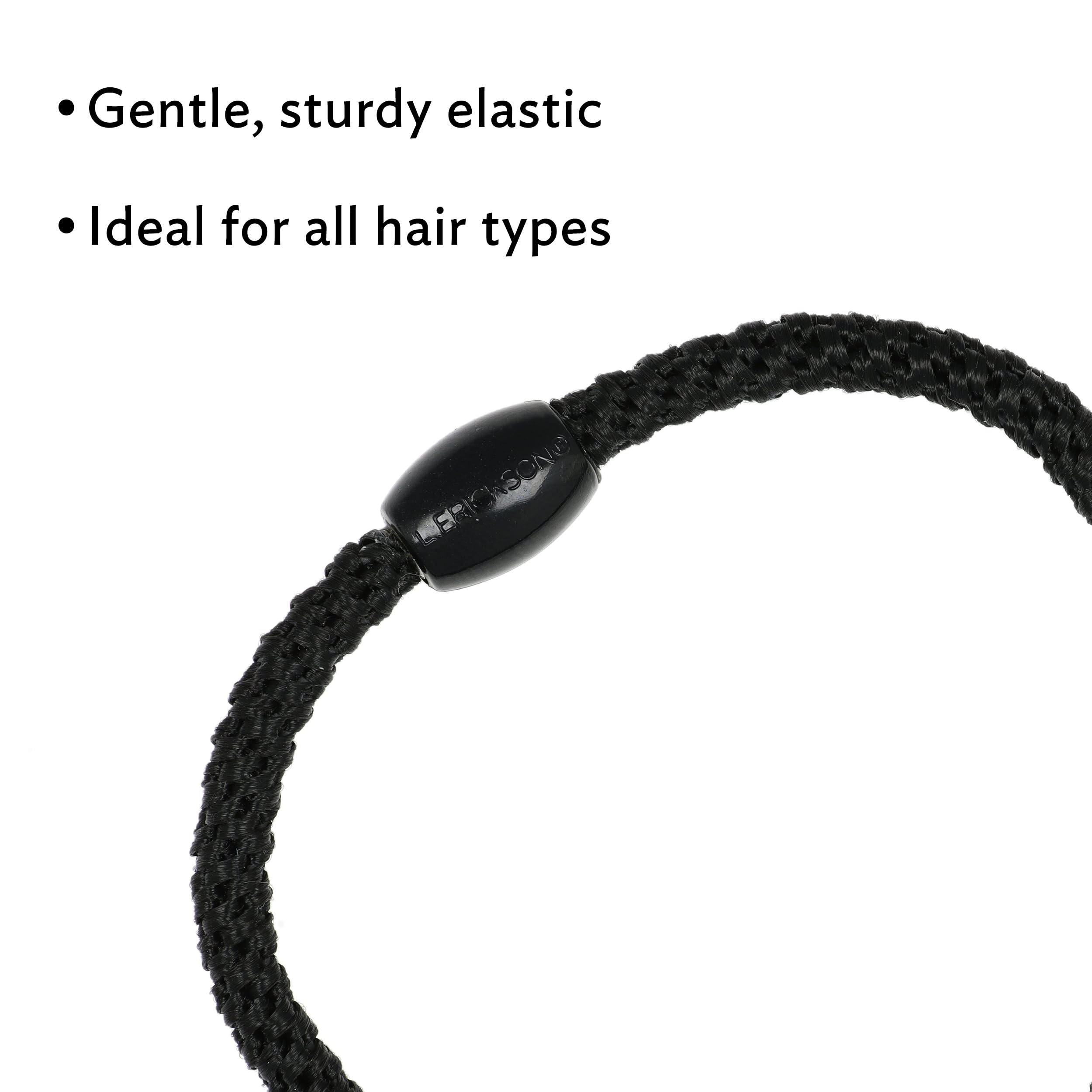 L. Erickson hair tie securing a low ponytail demonstrating gentle, crease-free hold benefit