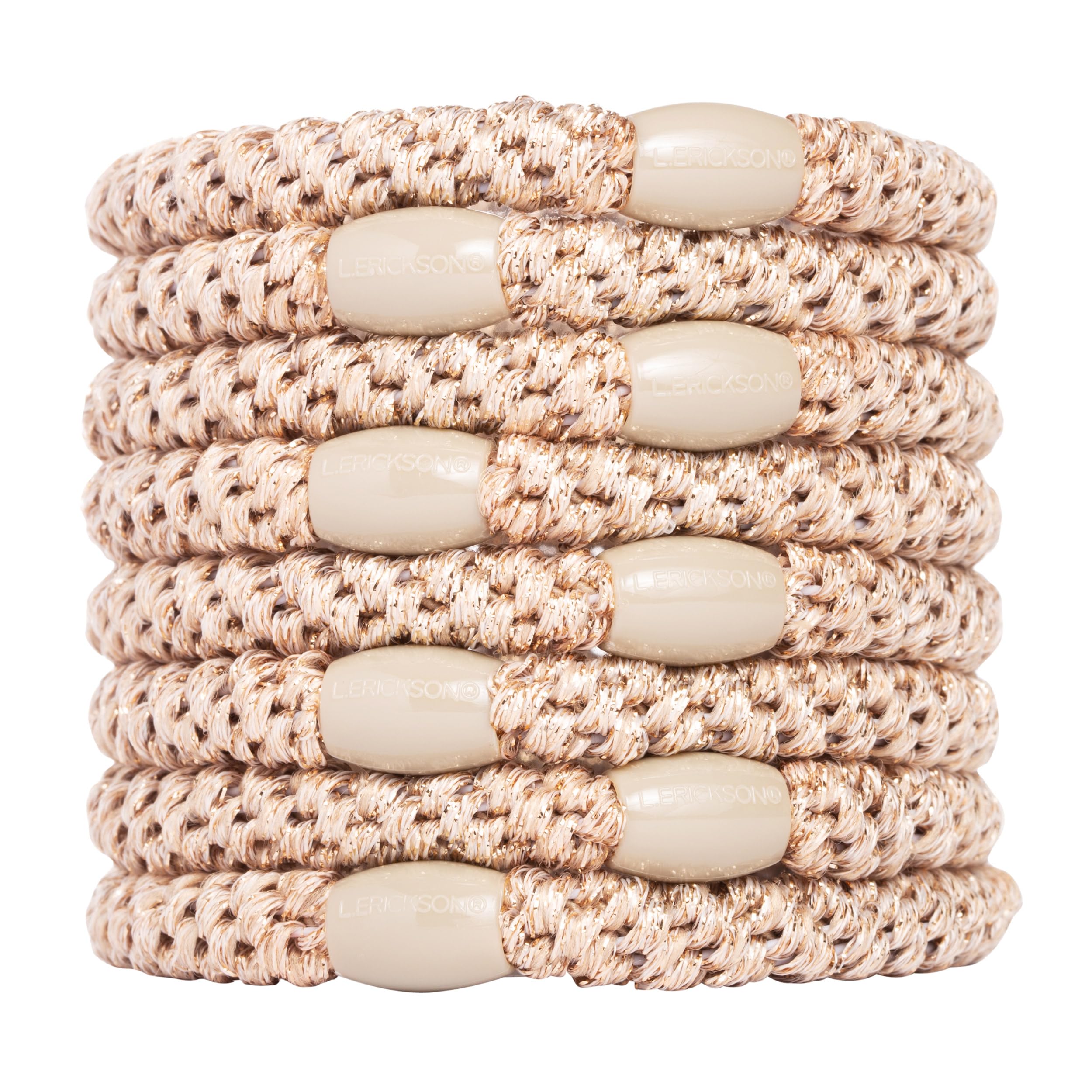 L. Erickson packaged 8-pack metallic beige hair ties showing set and benefit
