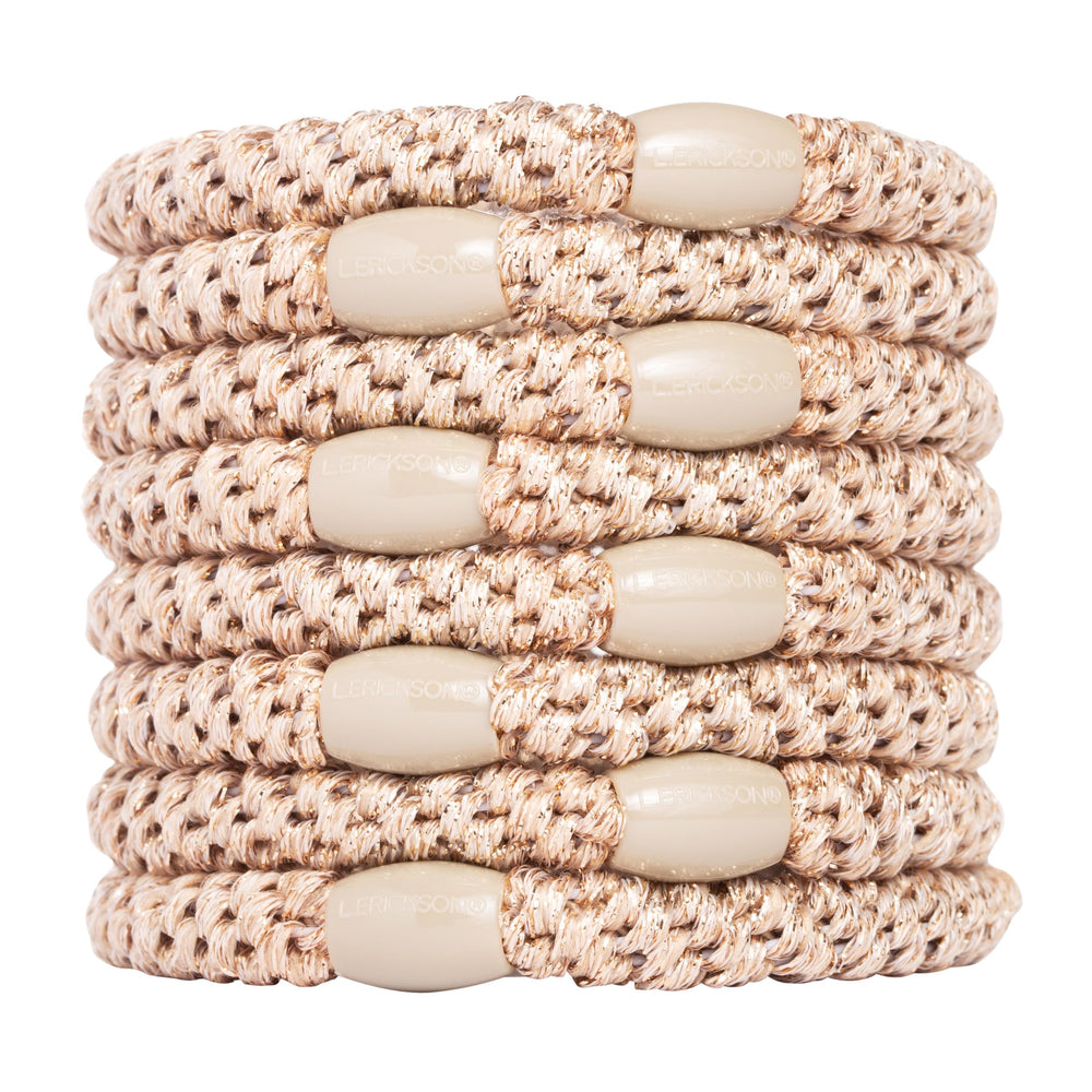 L. Erickson packaged 8-pack metallic beige hair ties showing set and benefit
