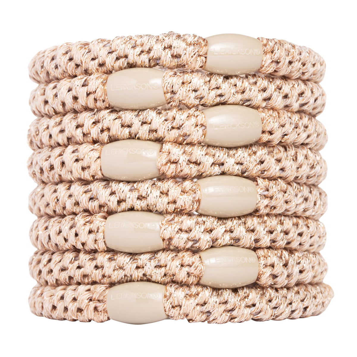 L. Erickson packaged 8-pack metallic beige hair ties showing set and benefit