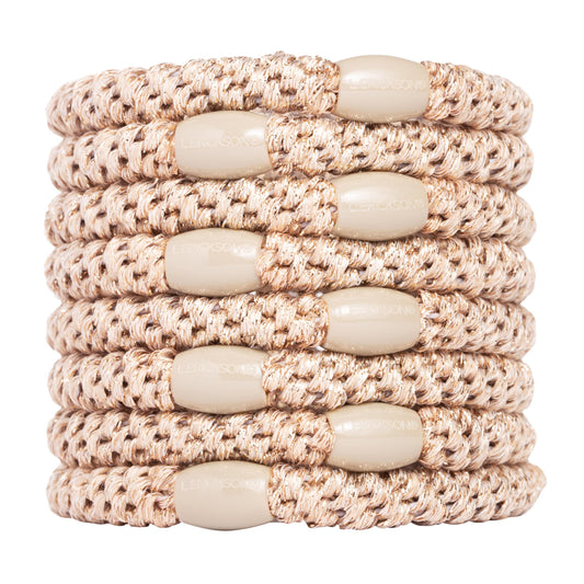 L. Erickson packaged 8-pack metallic beige hair ties showing set and benefit