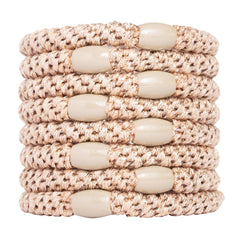 L. Erickson packaged 8-pack metallic beige hair ties showing set and benefit