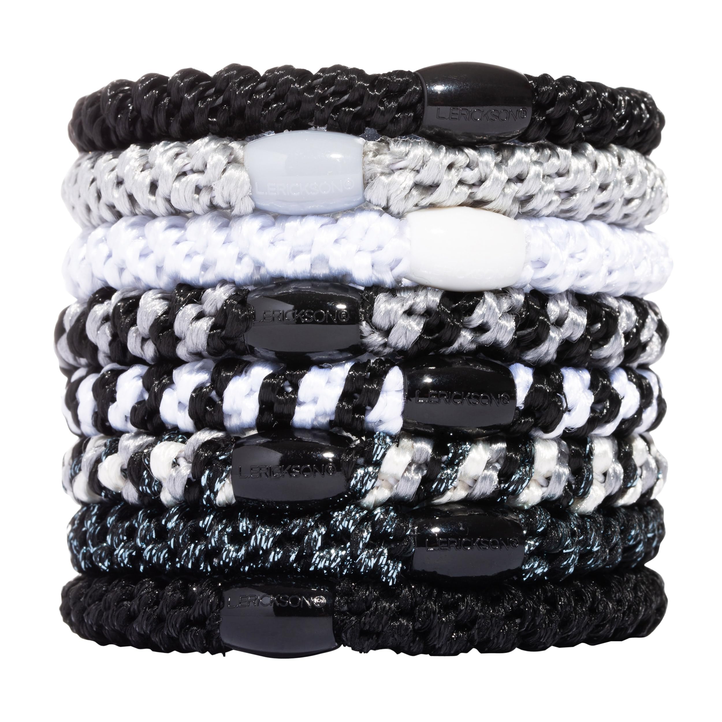 L. Erickson front pack shot showing eight Night Owl hair ties and convenience