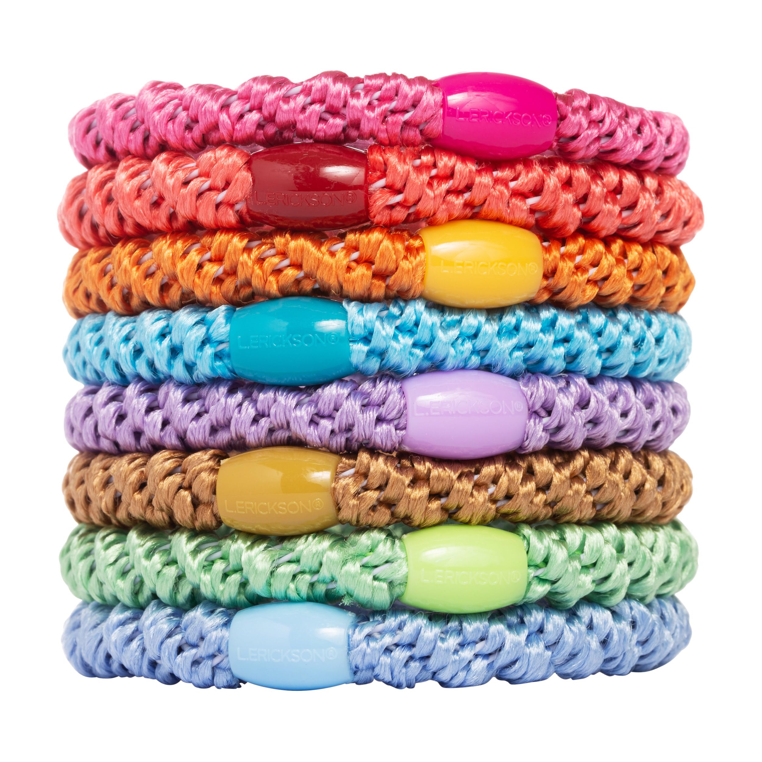 L. Erickson front pack view showing eight colorful no-crease hair ties and benefits