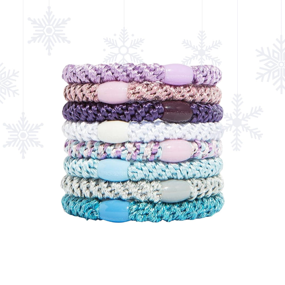 L. Erickson front pack showing eight purple daze hair ties, durable daily hold