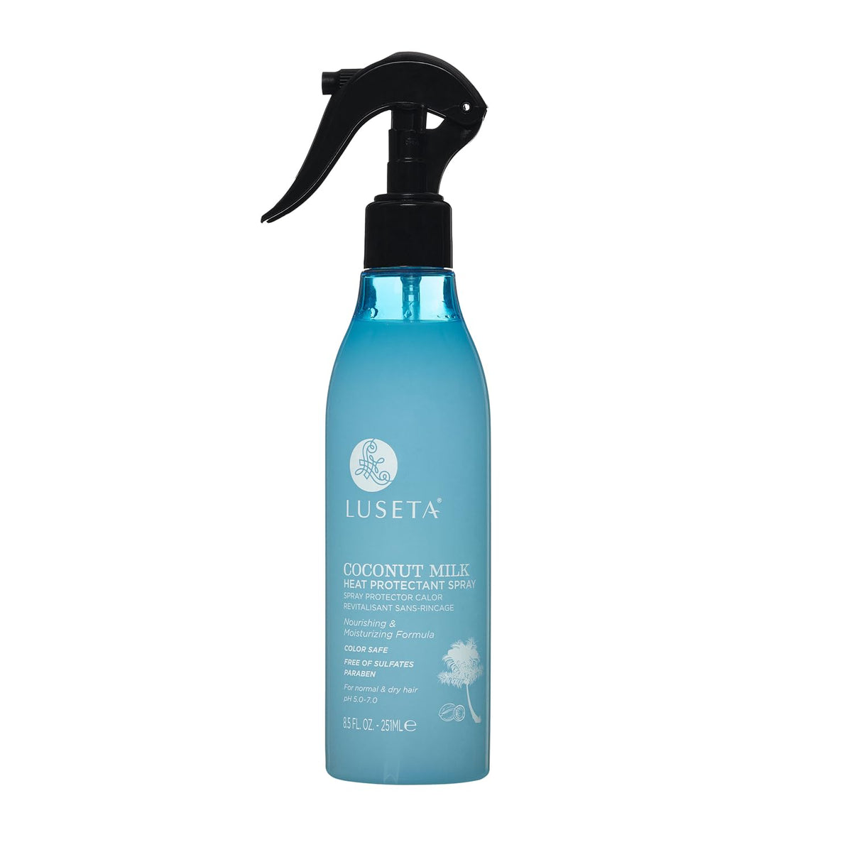 L LUSETA front bottle showing coconut milk heat spray benefits