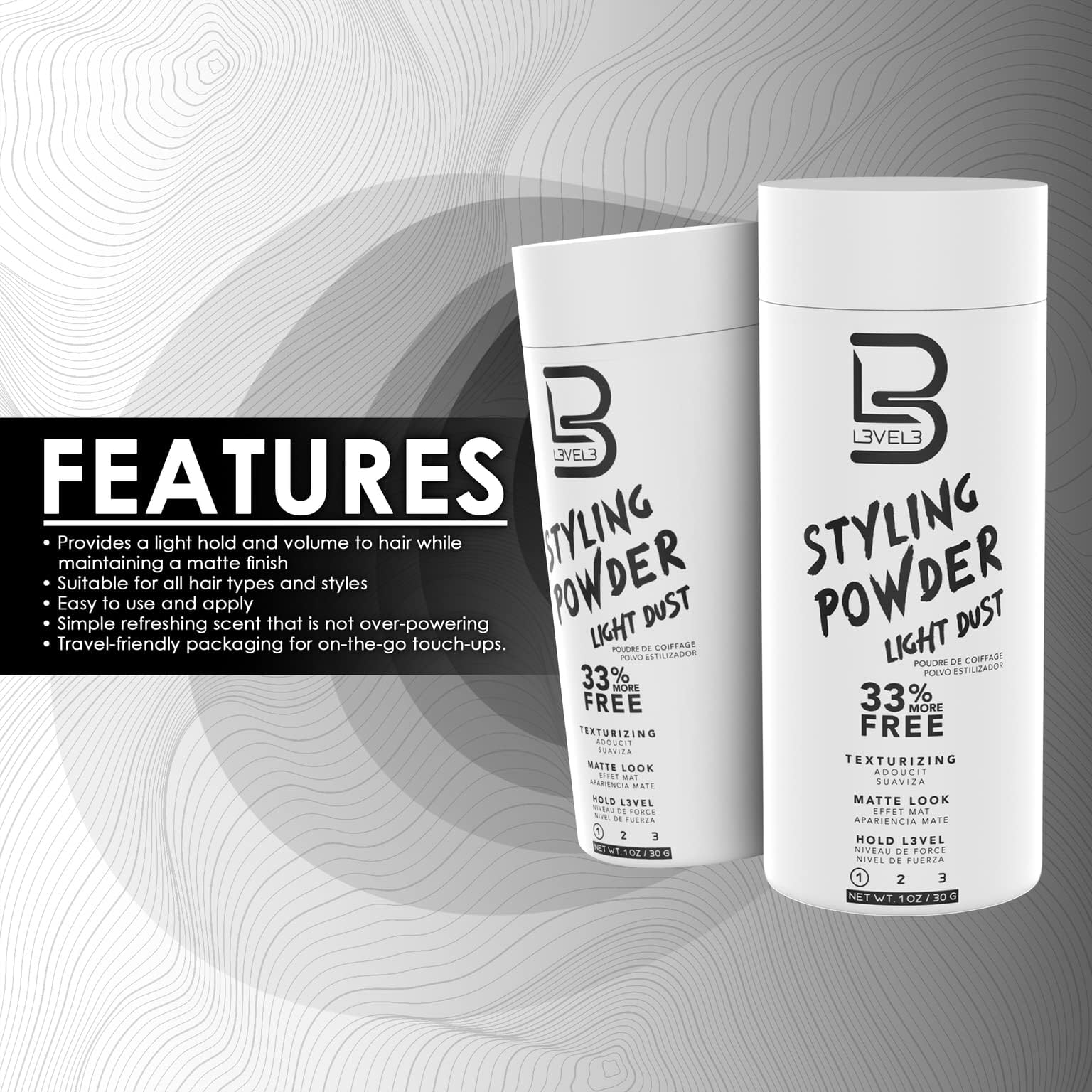 L3 Level 3 open jar revealing fine powder texture for natural volume