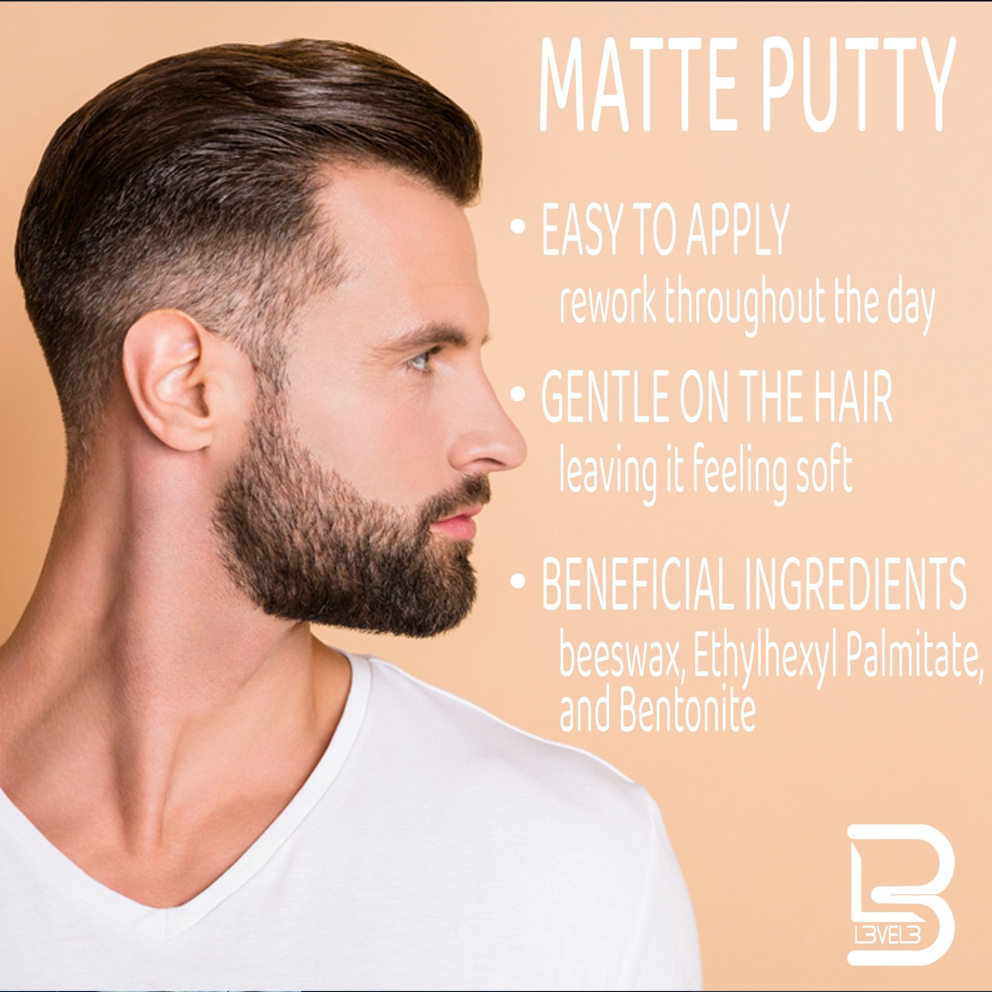 Medium-length hair styled with L3 putty for piecey definition benefit