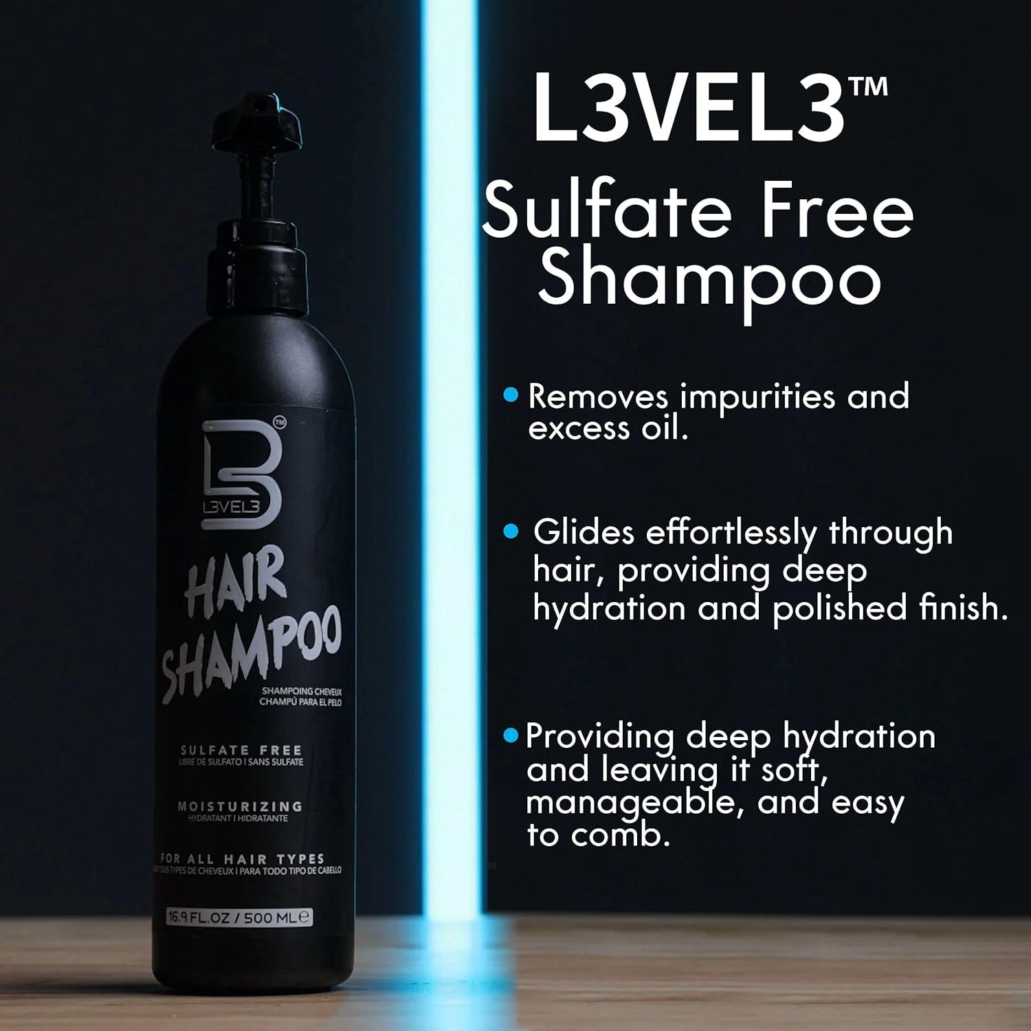 L3 pump and label detail highlighting sulfate-free formula and ingredient clarity