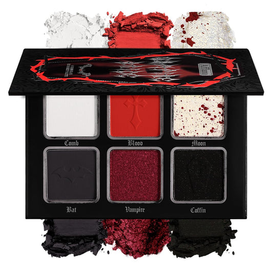 La Catrina palette front open showing six shades and mirror, ready for travel