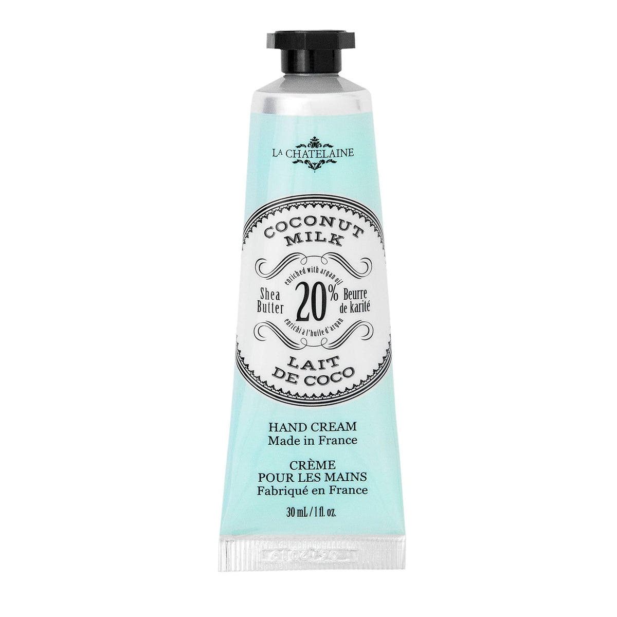 La Chatelaine tube front view showing coconut milk travel hand cream benefit hydration