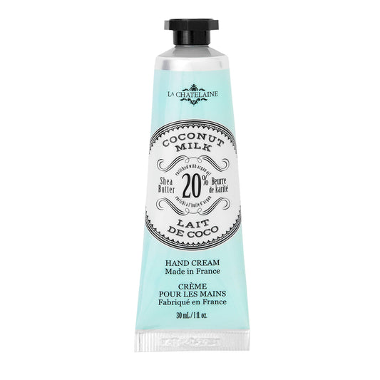 La Chatelaine tube front view showing coconut milk travel hand cream benefit hydration