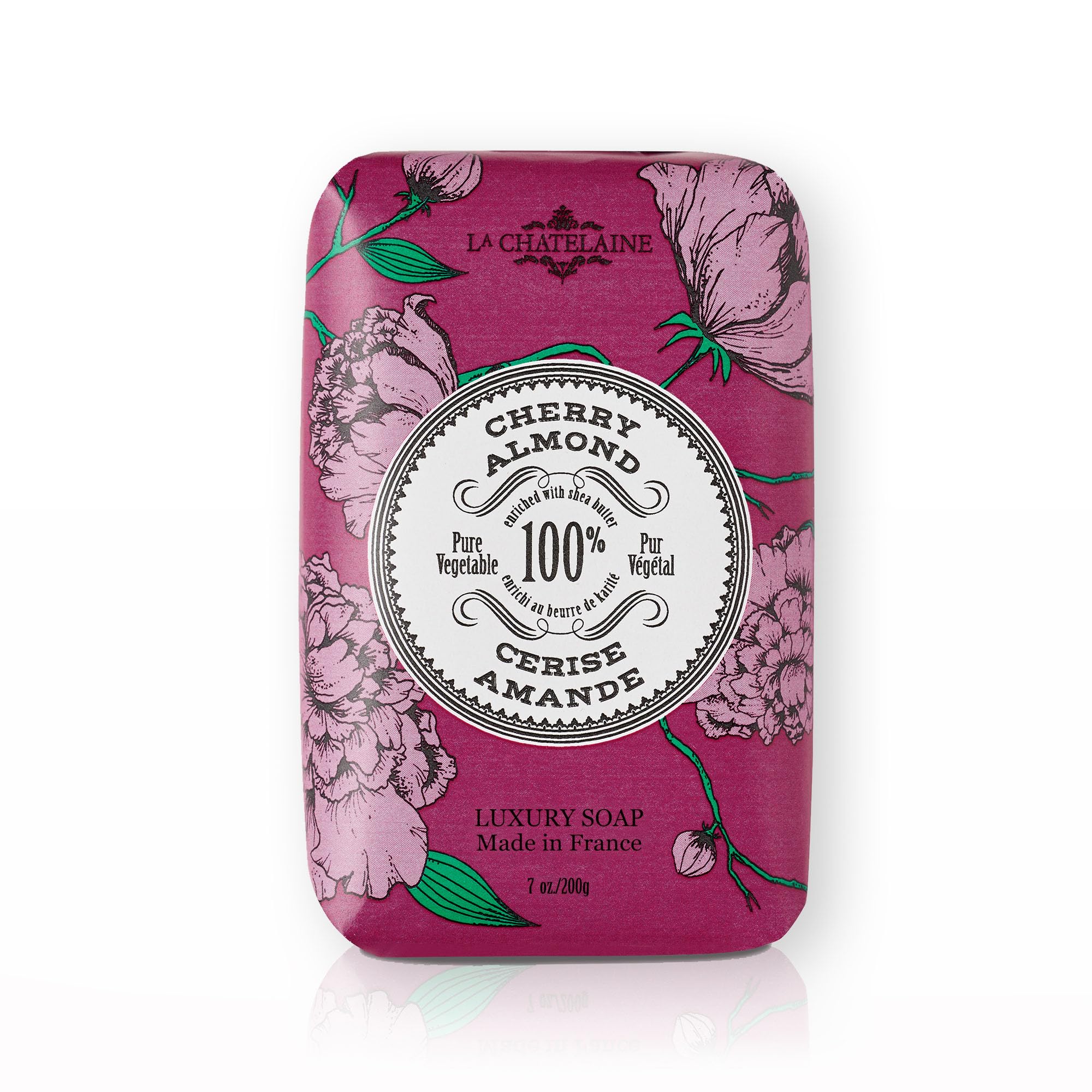 La Chatelaine front-facing wrapped bar soap showing cherry almond label and elegant packaging benefit: gift-ready presentation