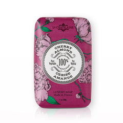 La Chatelaine front-facing wrapped bar soap showing cherry almond label and elegant packaging benefit: gift-ready presentation