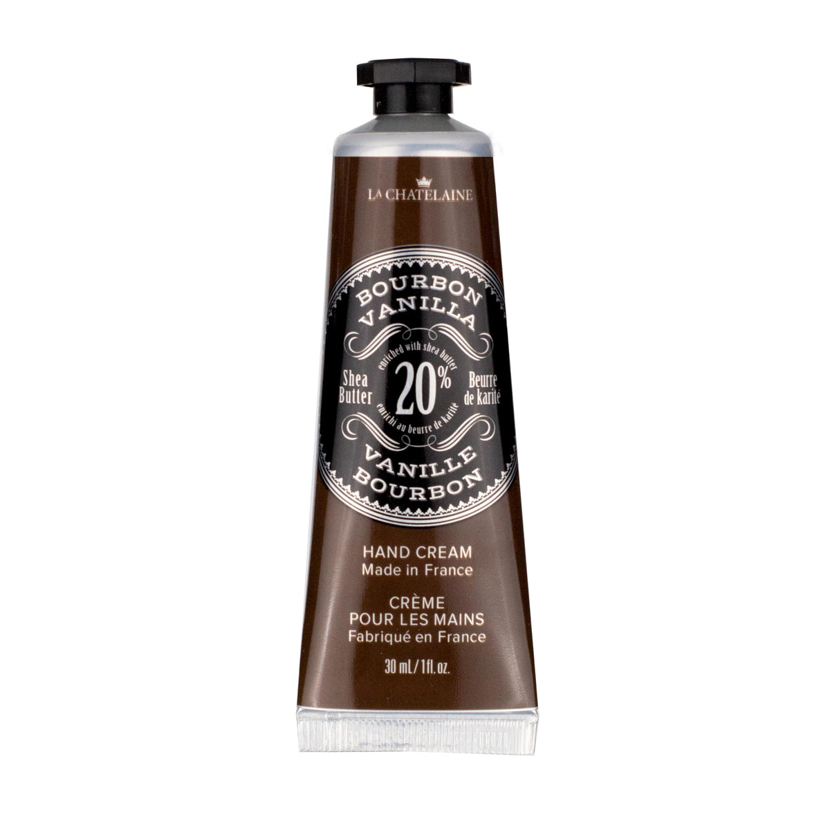 La Chatelaine tube front showing bourbon vanilla label and compact size benefit