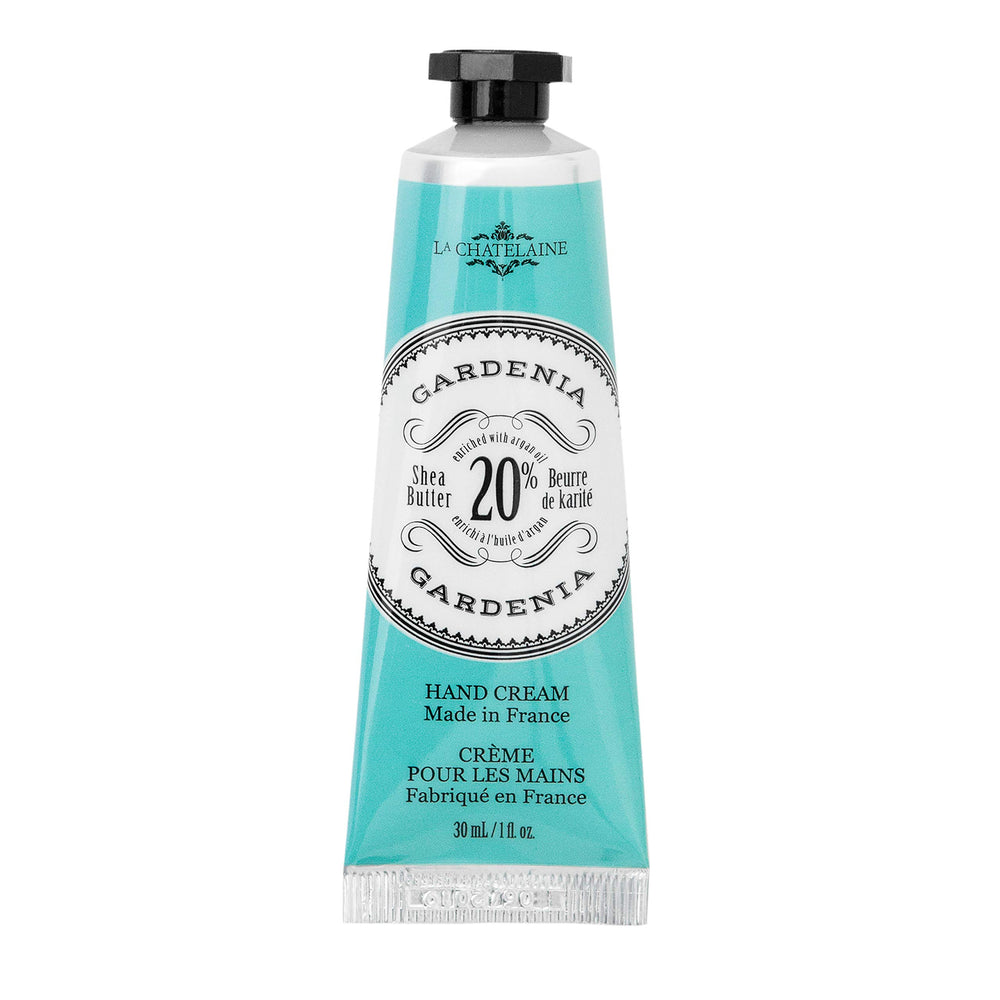 La Chatelaine front tube gardenia scent showing compact travel benefit