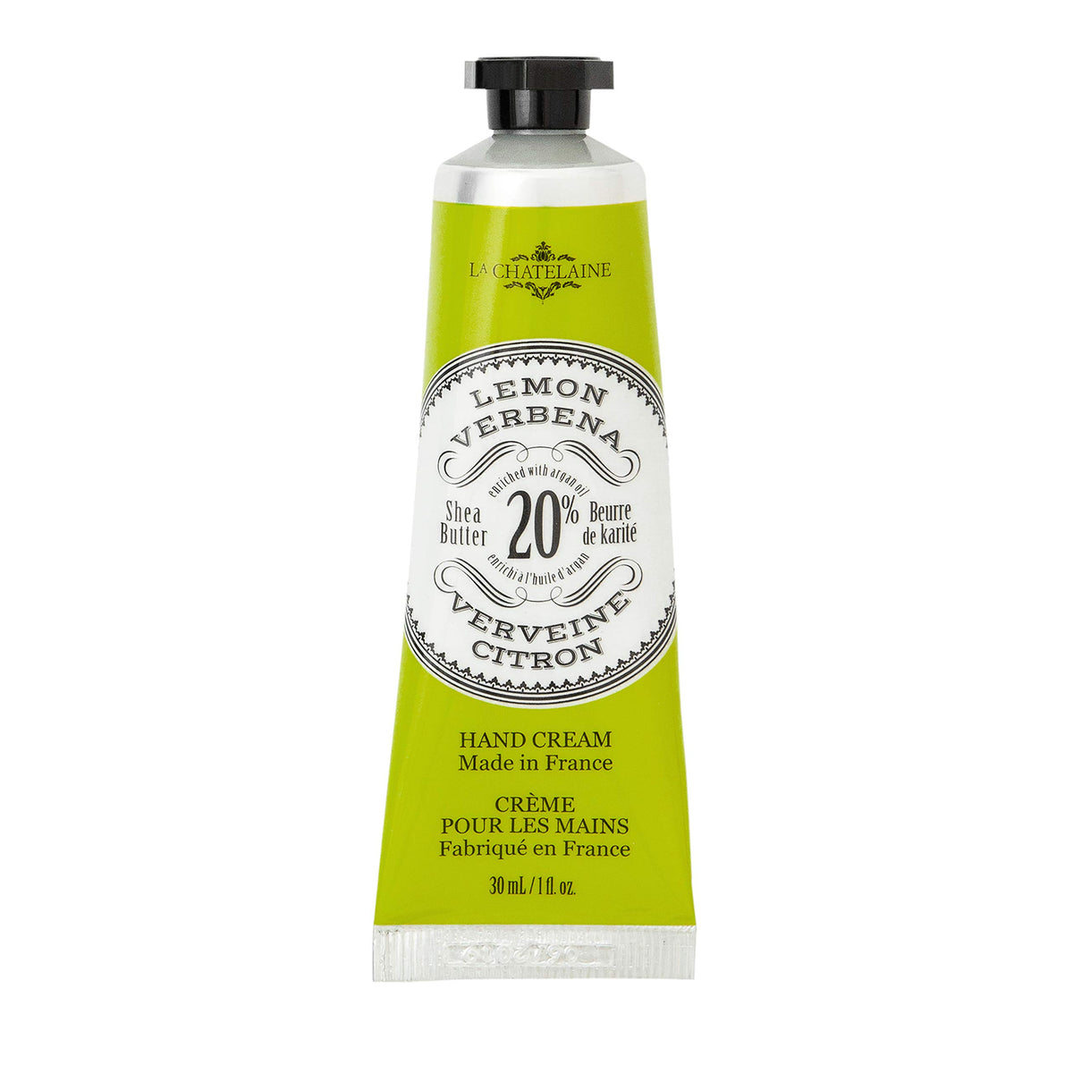 La Chatelaine front tube showing lemon verbena label and travel convenience