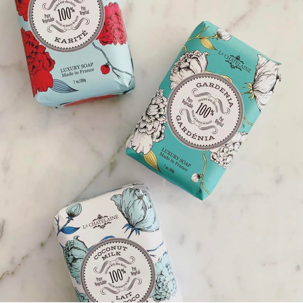 La Chatelaine Gardenia bar beside a ruler to show 7 oz size and long-lasting value
