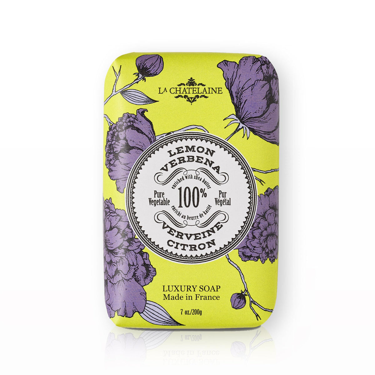 La Chatelaine front packaging showing wrapped 7 oz bar, premium gift appeal