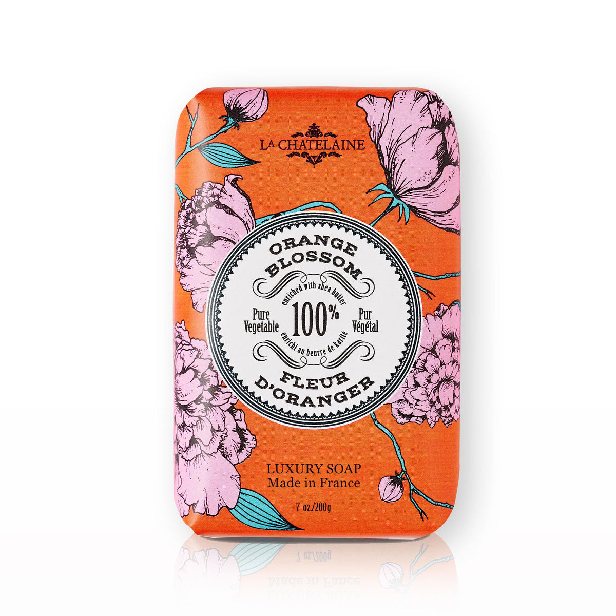 La Chatelaine bar soap front packaging shows Orange Blossom 7 oz and handmade appeal