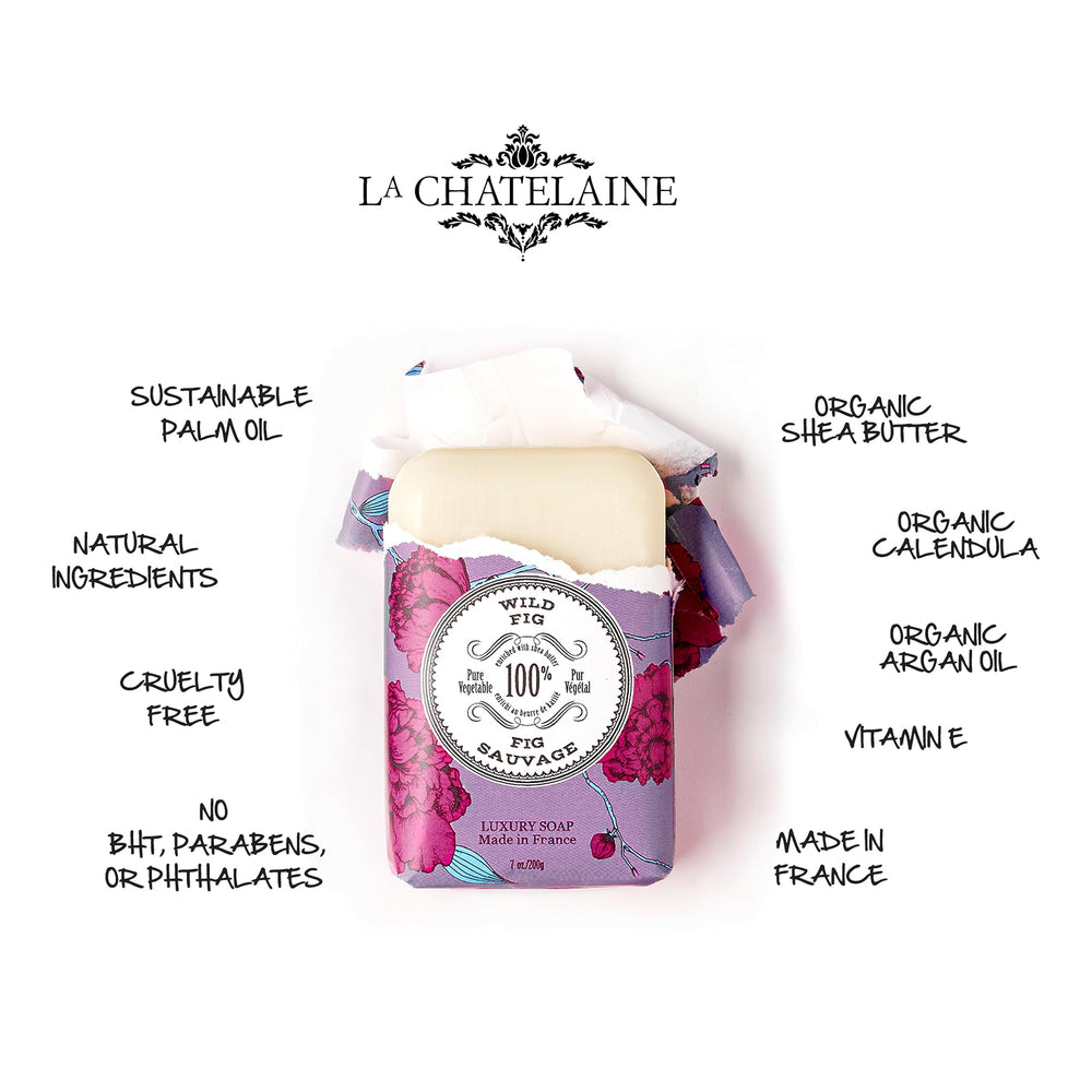La Chatelaine wild fig soap on bathroom shelf lifestyle image suggesting tasteful daily indulgence