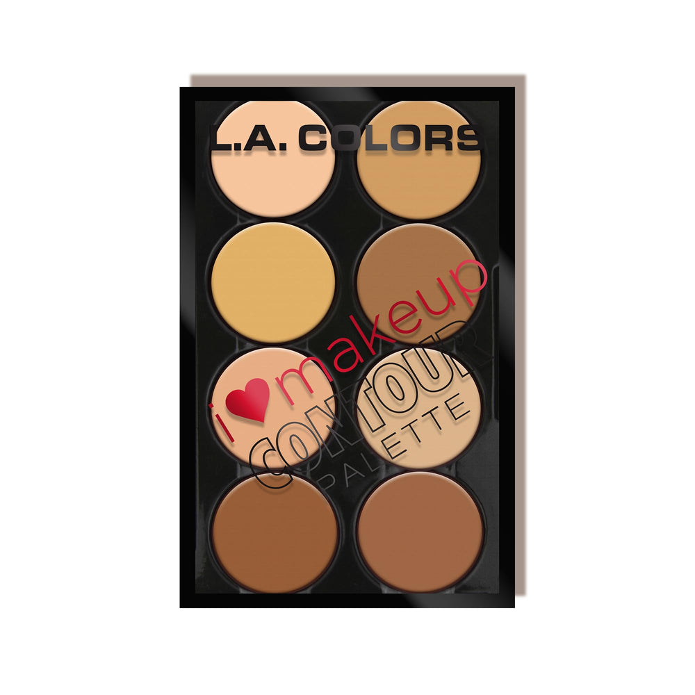 L.A. COLORS contour palette front view showing eight shades and tutorial, easy sculpting benefit