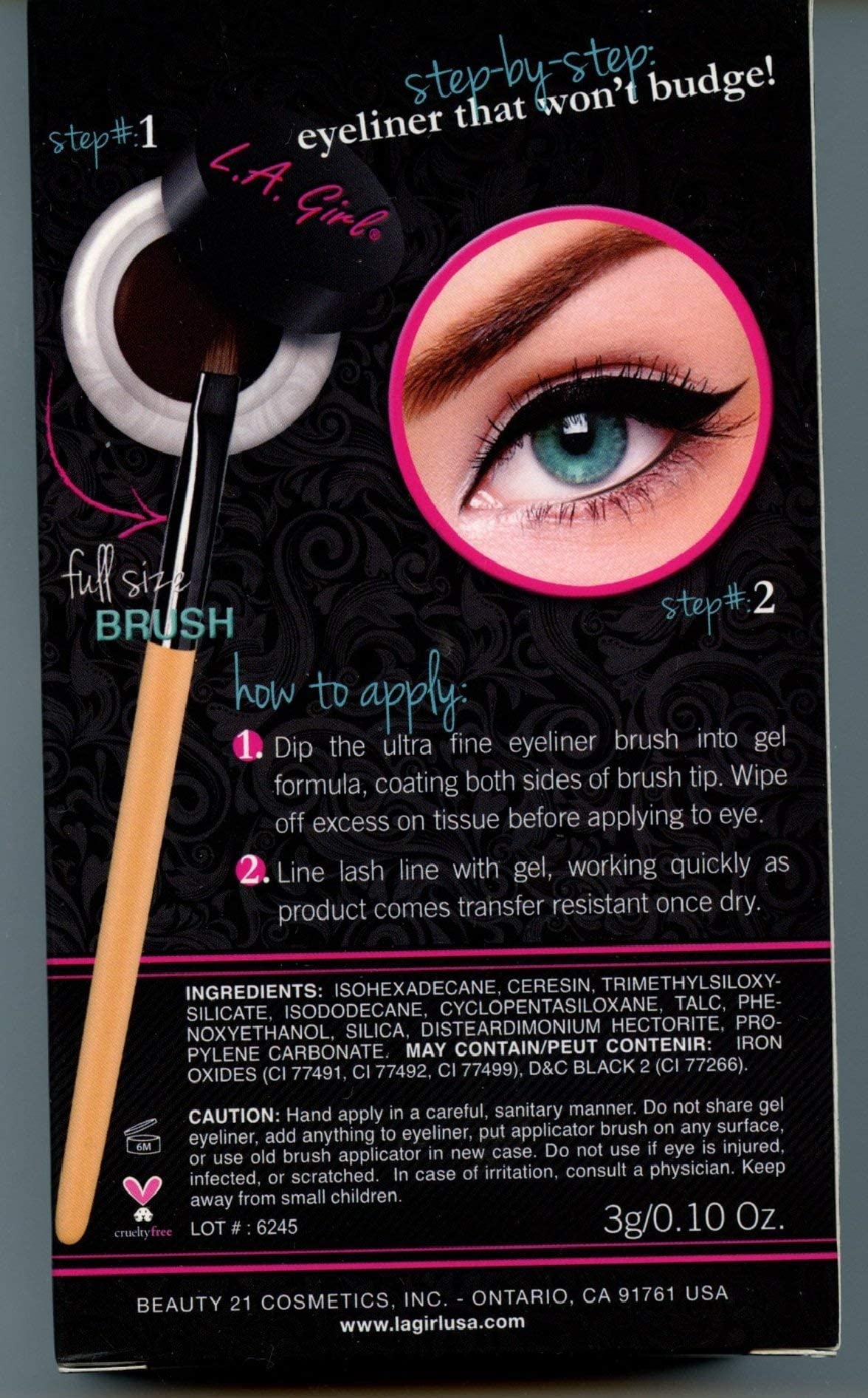 L.A. Girl gel liner creamy texture close-up highlighting smooth high-pigment formula