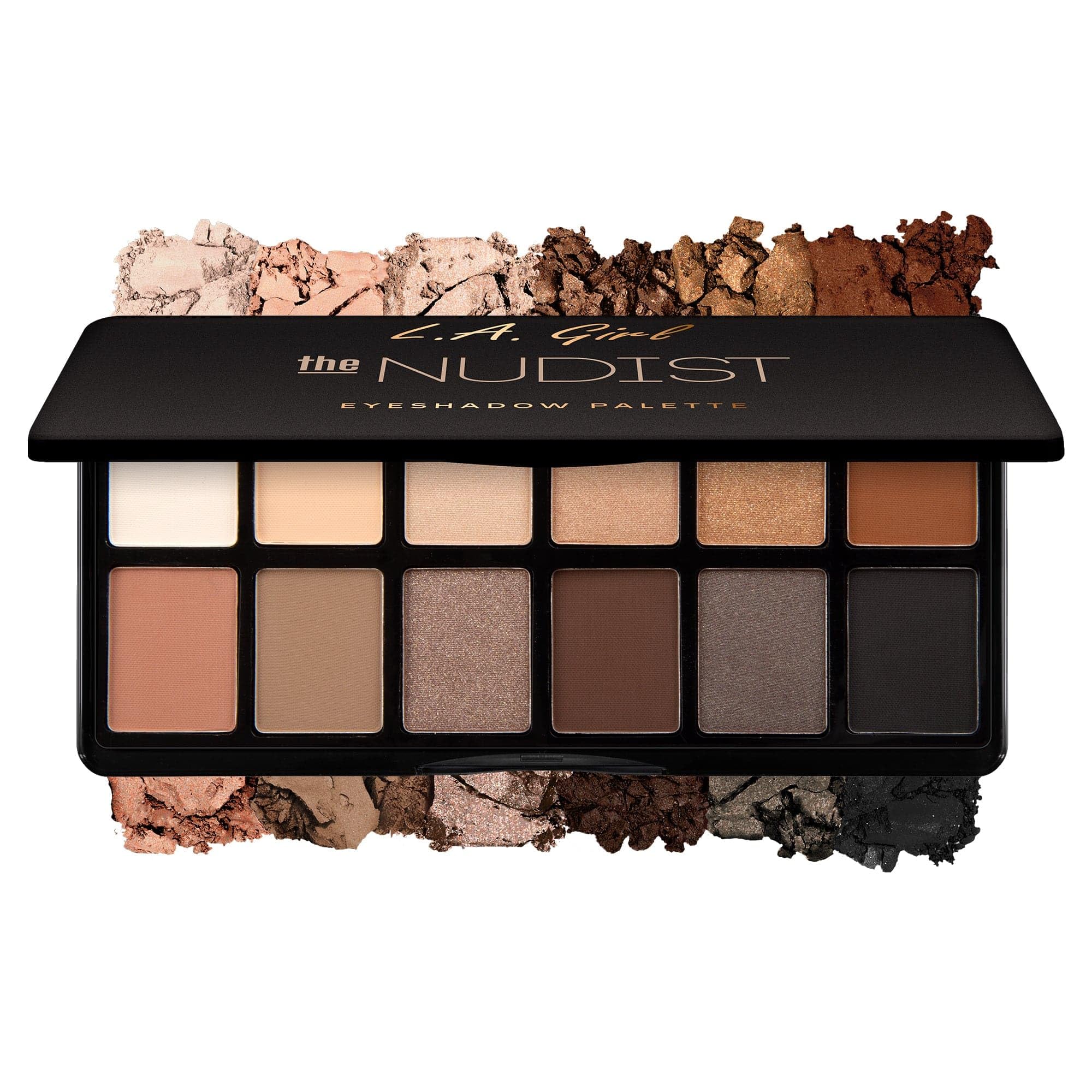 L.A. Girl The Nudist palette front view showing twelve neutral pans and slim case for portability