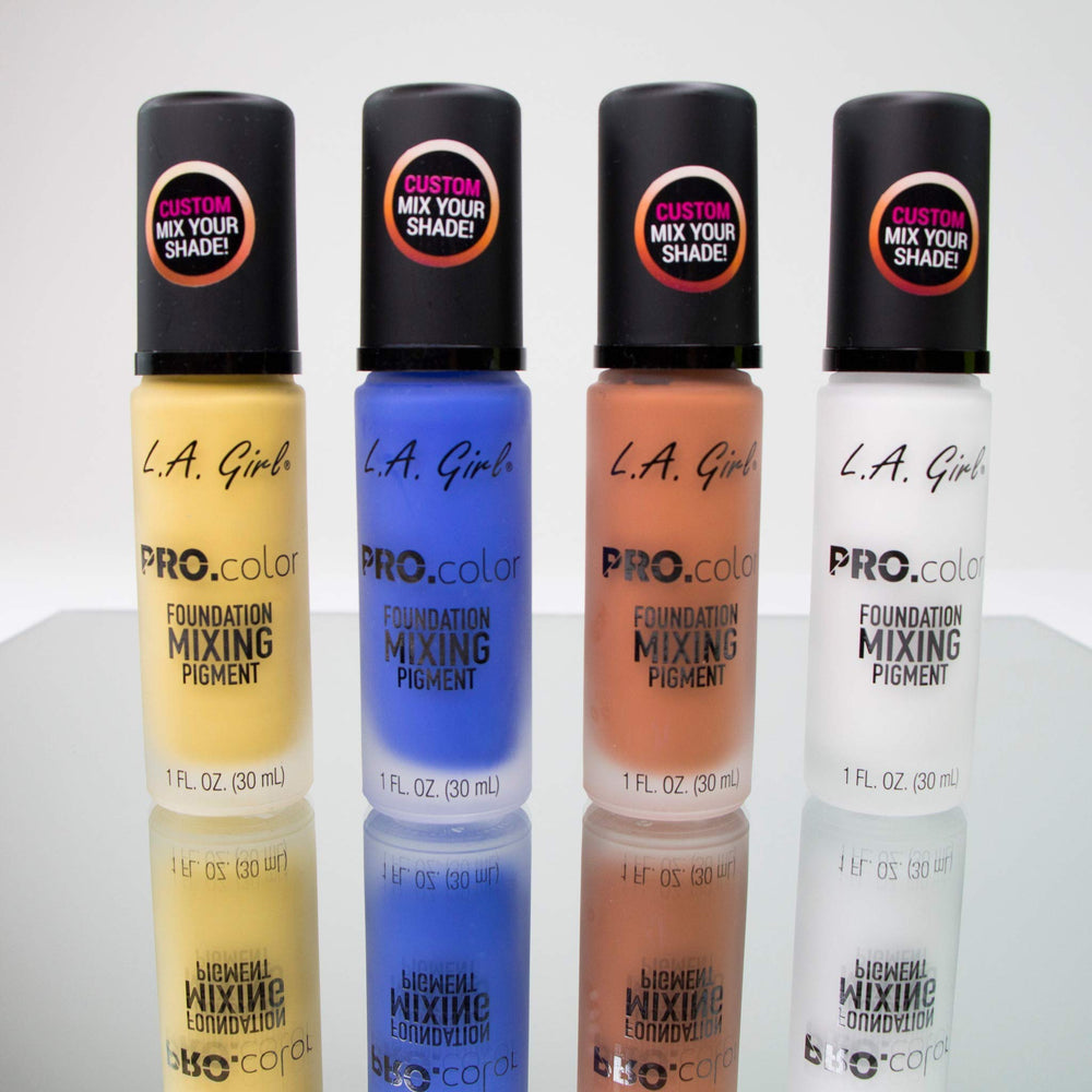 L.A. Girl pigment beside matte foundation bottle showing compatibility benefit