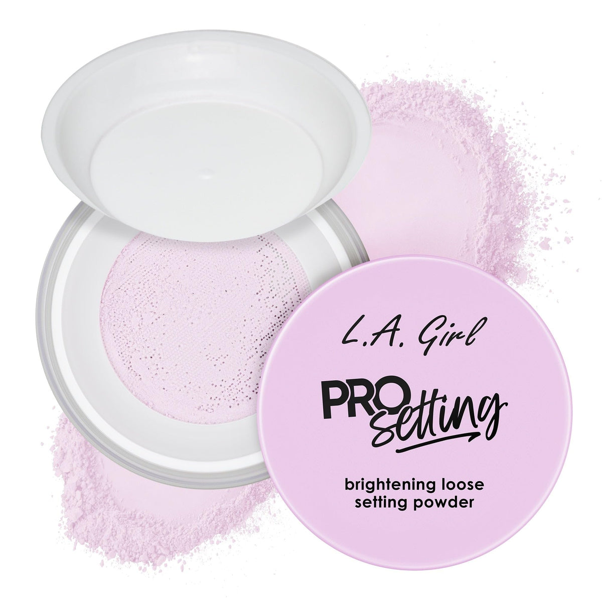 L.A. Girl purple loose powder jar front view showing compact packaging and pro finish