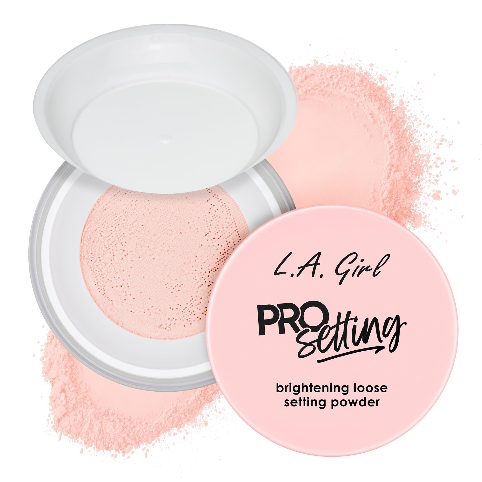 L.A. Girl open jar revealing soft pink powder and easy-to-apply texture benefit