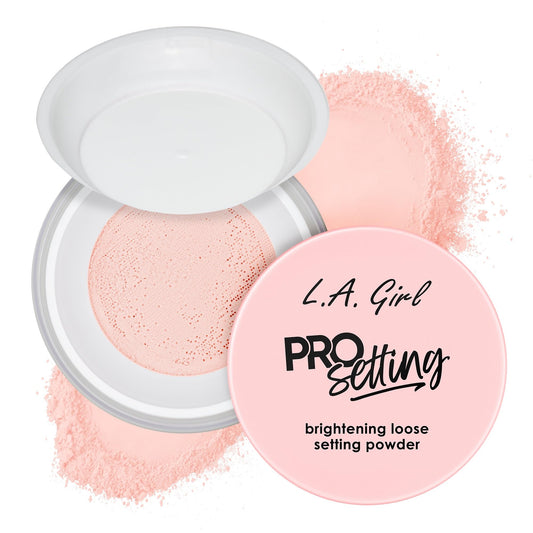 L.A. Girl open jar revealing soft pink powder and easy-to-apply texture benefit