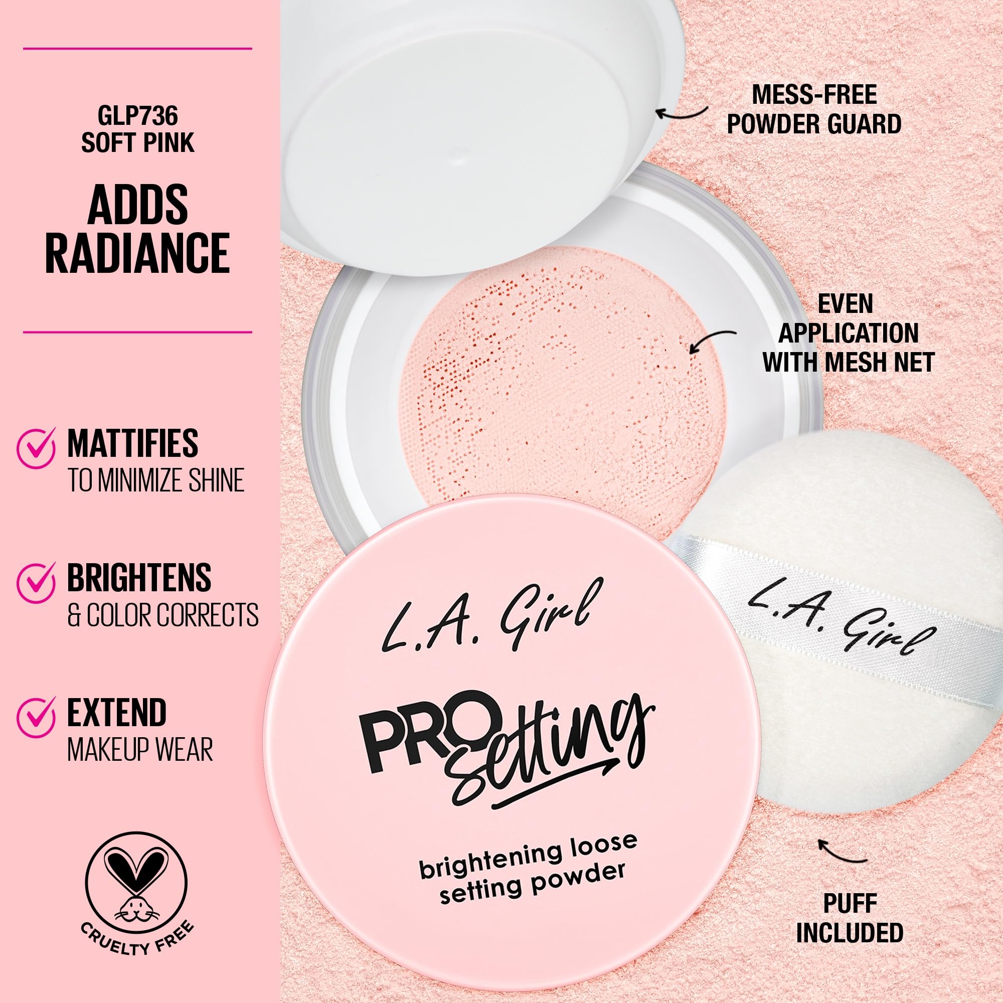 L.A. Girl powder texture macro view highlighting fine milled blur and pore-smoothing