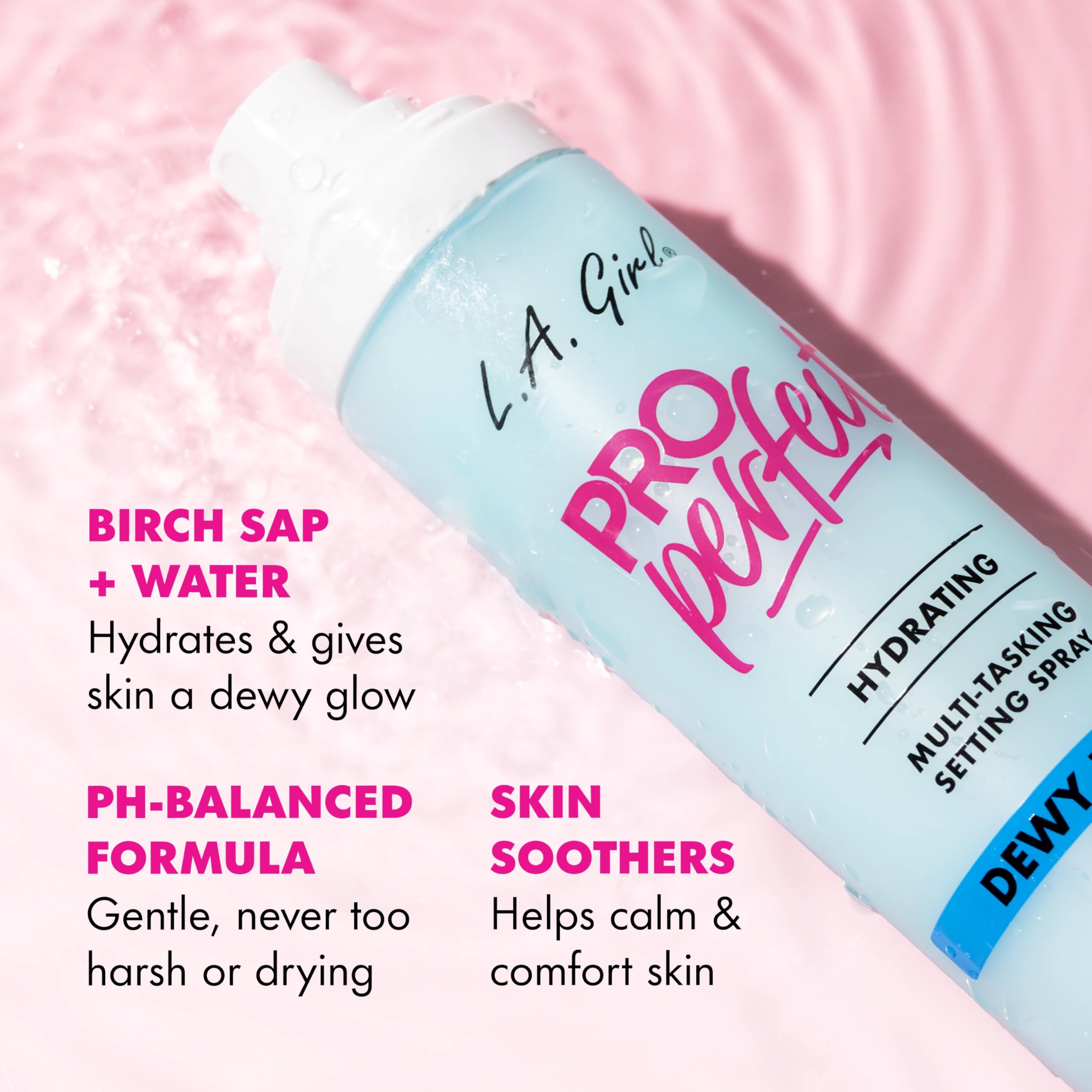 L.A. Girl spray in hand demonstrating application convenience and hydrating benefit