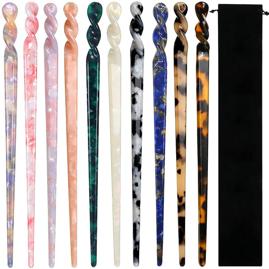 La Jolie Jasmin front view of 10 acetate hair sticks showing assorted patterns and colors and versatile styling