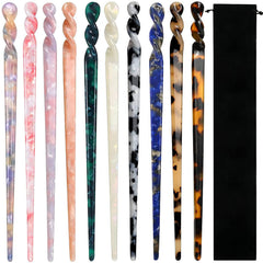 La Jolie Jasmin front view of 10 acetate hair sticks showing assorted patterns and colors and versatile styling