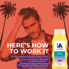 L.A. Looks Mega Shaper styling before and after illustrating stronger hold and shape