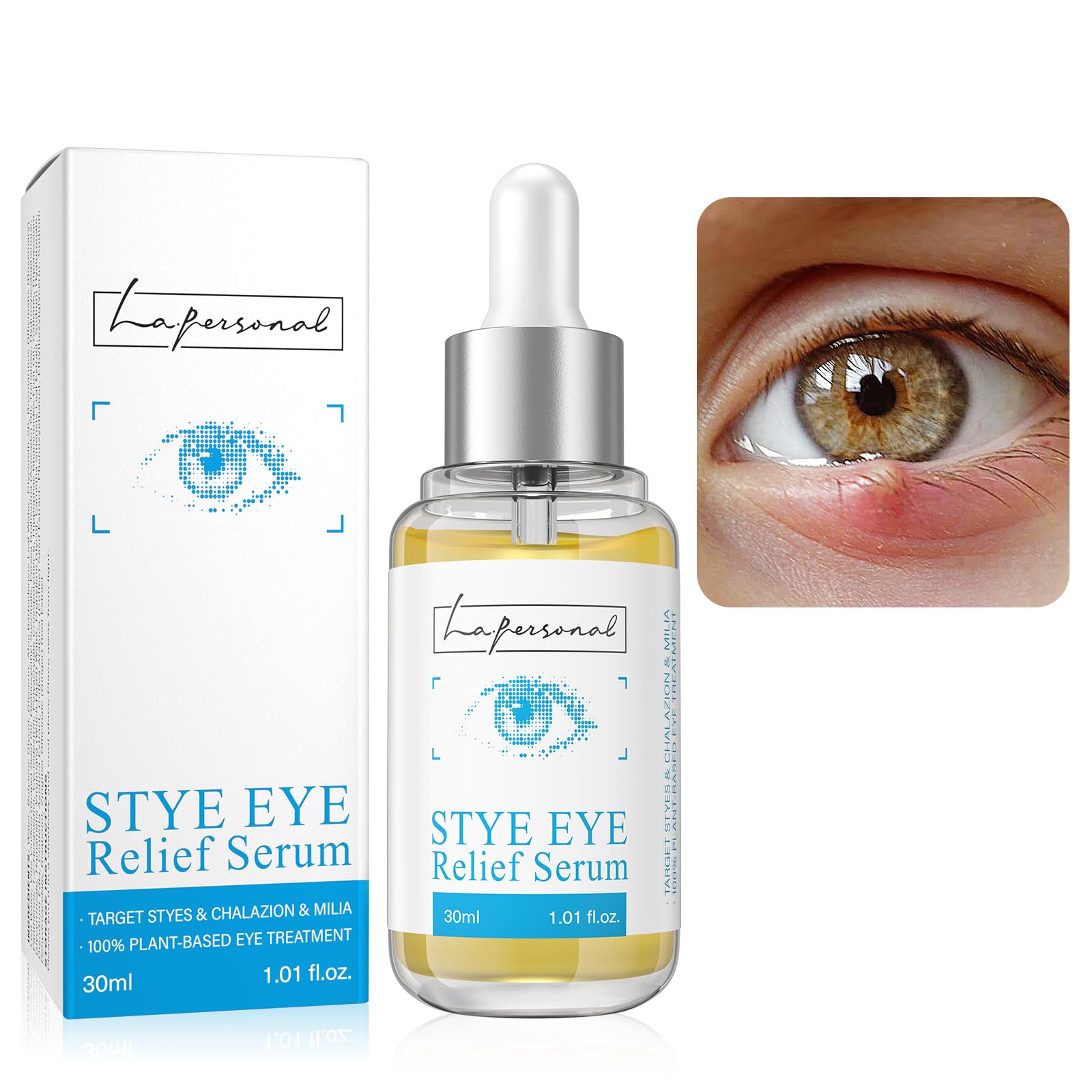 LA.PERSONAL front bottle view showing calming eyelid serum packaging and benefit