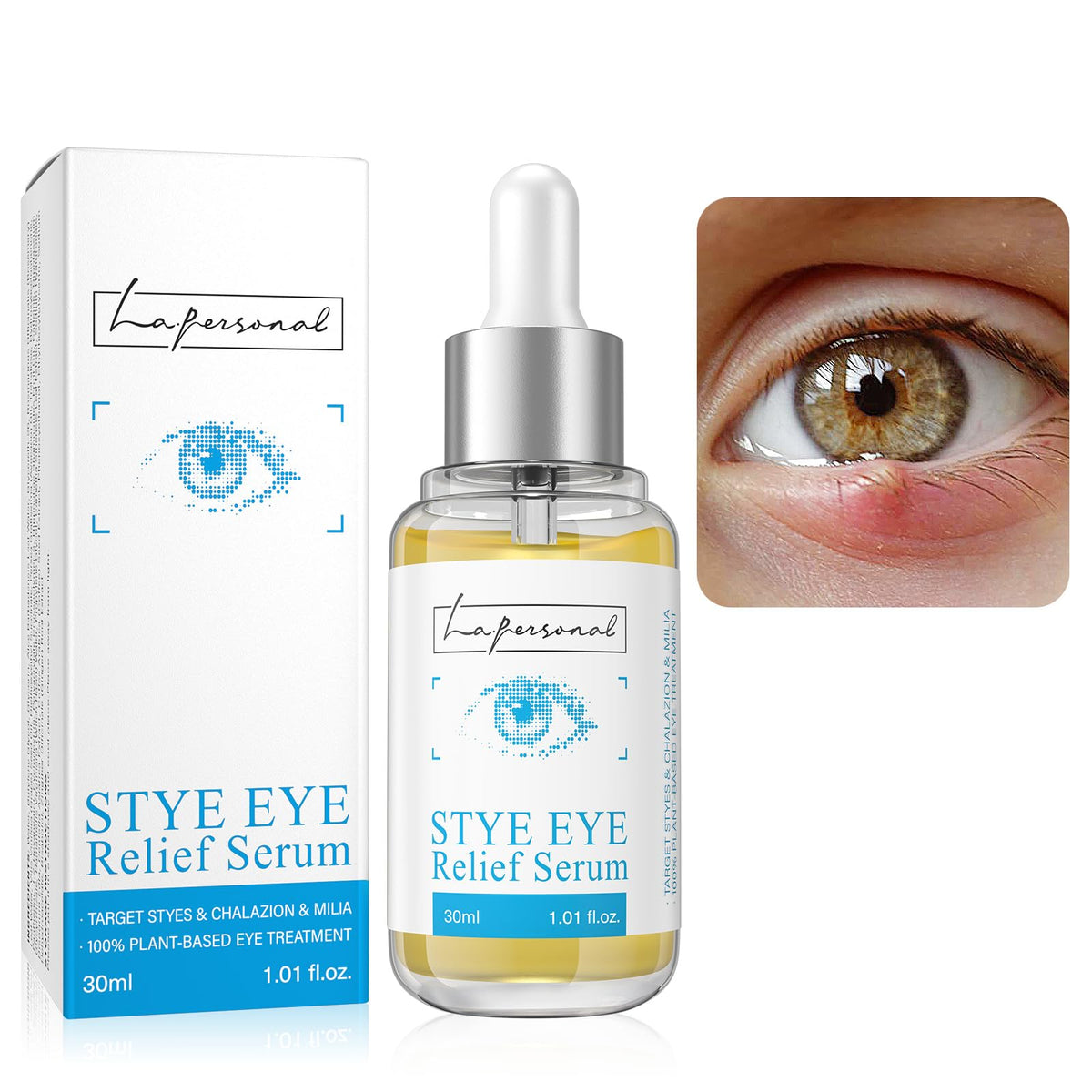 LA.PERSONAL front bottle view showing calming eyelid serum packaging and benefit