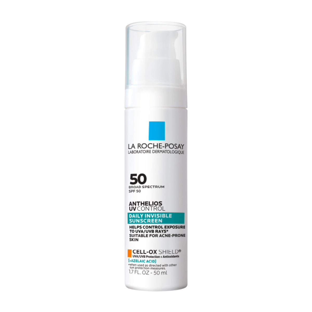 La Roche-Posay front packaging showing SPF 50 and acne-prone formula benefit