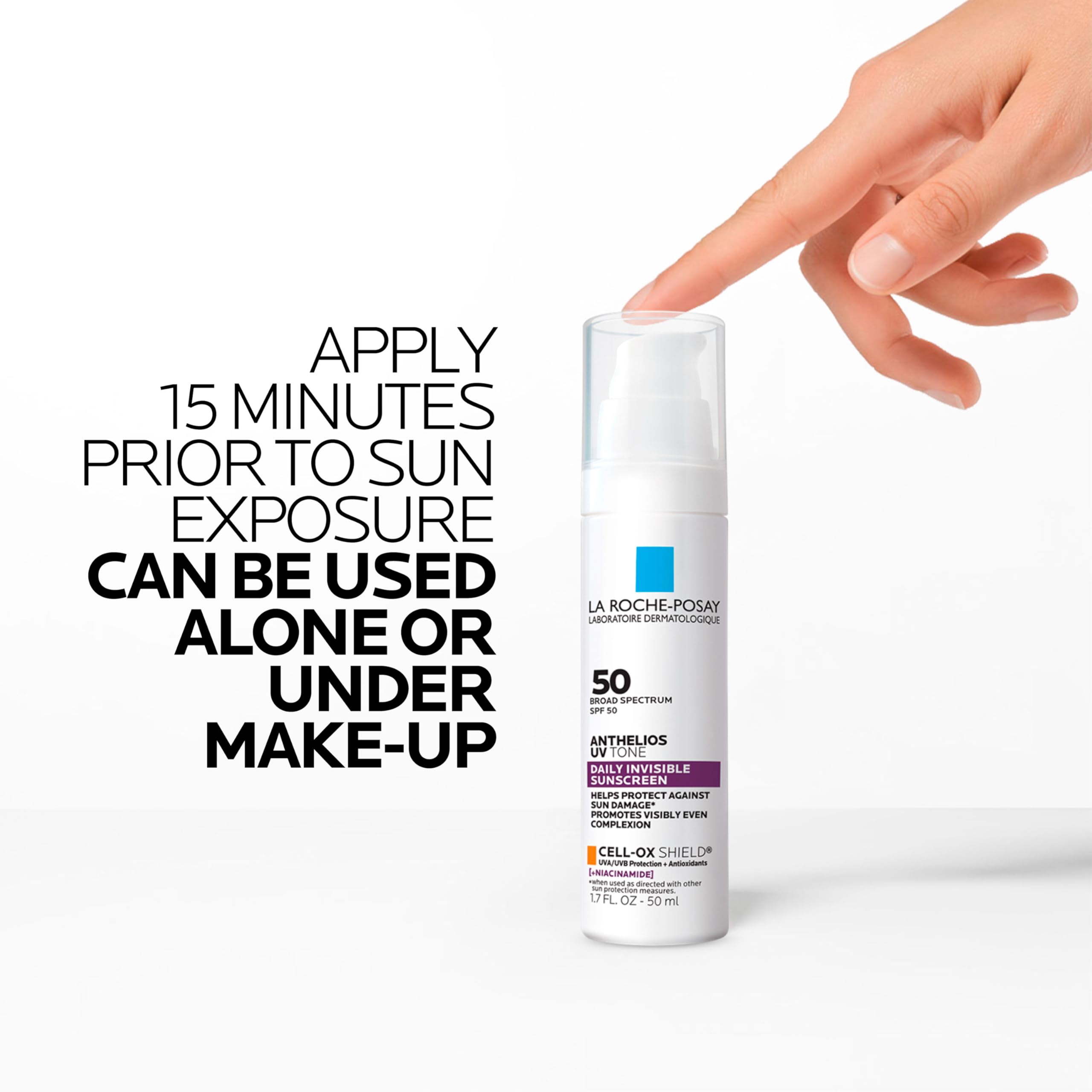 La Roche-Posay bottle on bathroom shelf with skincare for everyday use benefit