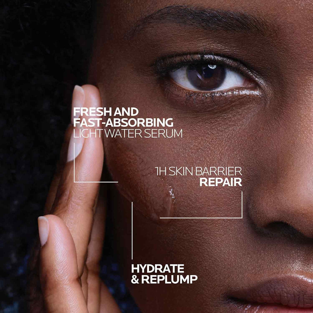 La Roche-Posay ingredient label close-up showing hyaluronic acid and vitamin B5 benefits