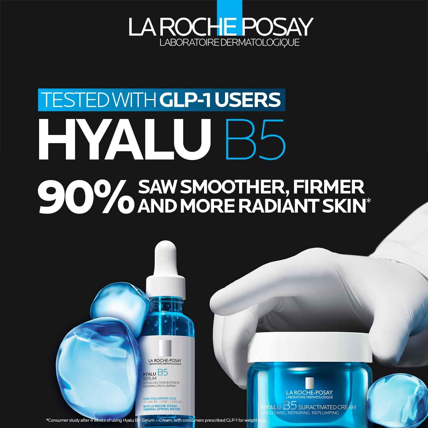 La Roche-Posay serum drops on hand demonstrating concentrated hydration and smooth skin