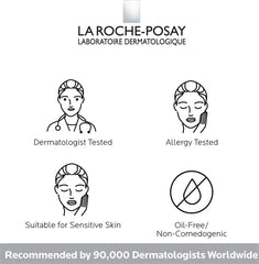 La Roche-Posay bottle on bedside table in a calming bedroom, suggests nightly ritual benefit