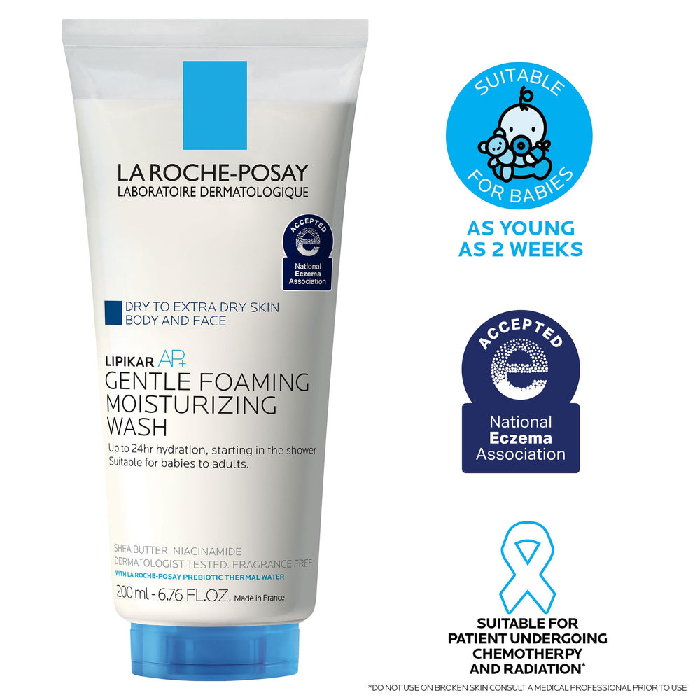 La Roche-Posay in baby bath scene indicating gentle, pediatric-safe cleansing